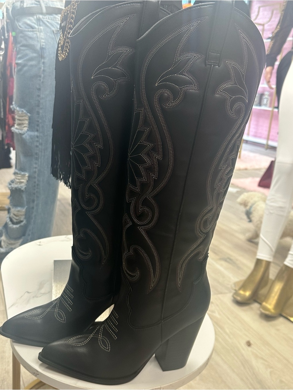 Black Western Knee-High Embroidered Boots Steve Madden
